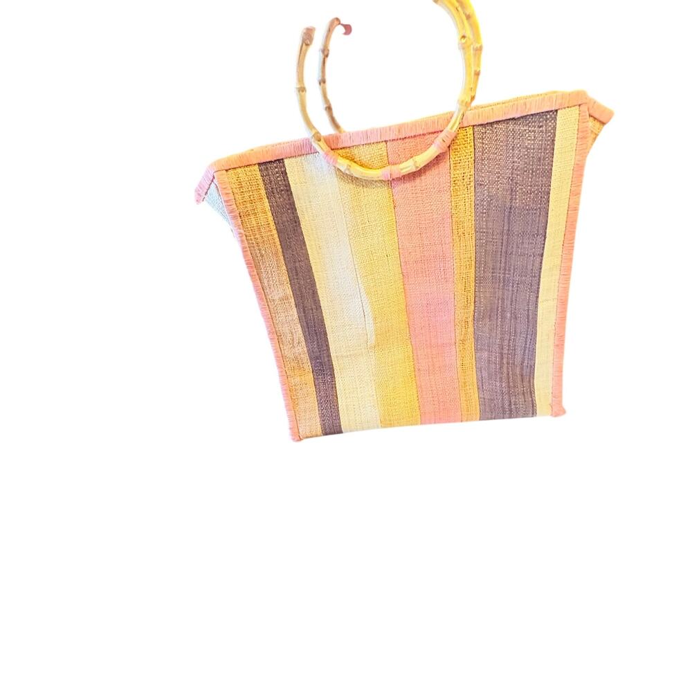 Flora Bella Striped Orange, Yellow & Brown Woven Tote with Bamboo Handles *read* - Picture 12 of 12